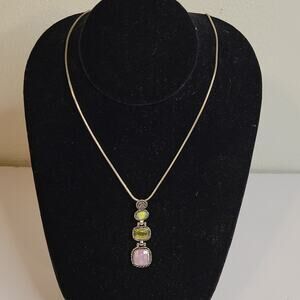 Vintage Lia Sophia Necklace Drop Pendant Precious Stone Pink Shell Silver Tone